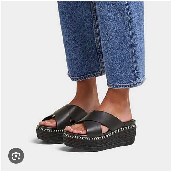 Fitflop Eloise Crossover Strap Espadrille Platform Sandal Size 8 Black Wedge - Picture 2 of 8